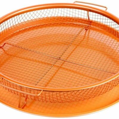 Deluxe Copper Crisper - 2-Pieces Nonstick Oven Air Fryer Pan/Tray & Mesh Basket Set - Air Fryer in Oven - Ideal for French Fry - Frozen Food, Baking Sheet without Oil by WHG (Circle 2 Sets)